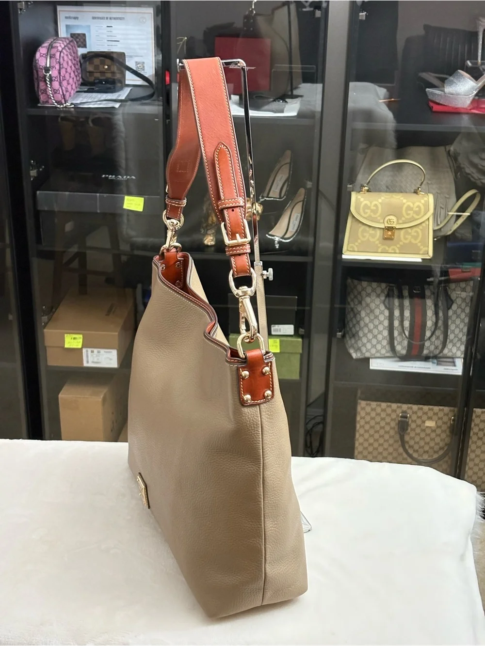 Dooney & Bourne Large Taupe Pebble Leather Hobo Handbag